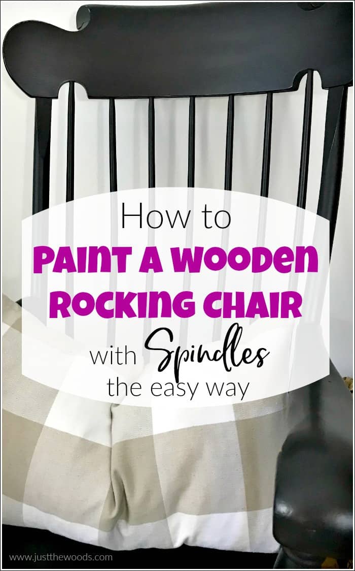 See how to paint a wooden rocking chair with spindles the easy way. A painted rocking chair project doesn't have to be hard because painting a rocking chair with a paint sprayer will make your life easier. #paintrockingchair #paintspindles #paintedrockingchair #woodenrockingchair #paintedfurniture #blackpaintedfurniture #howtopaintspindles #howtouseapaintsprayer #paintsprayerprojects #homeright