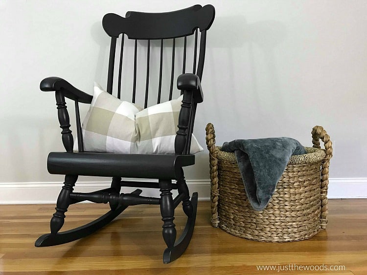 black painted rocking chair, wooden rocking chair painted black, painted spindles rocking chair