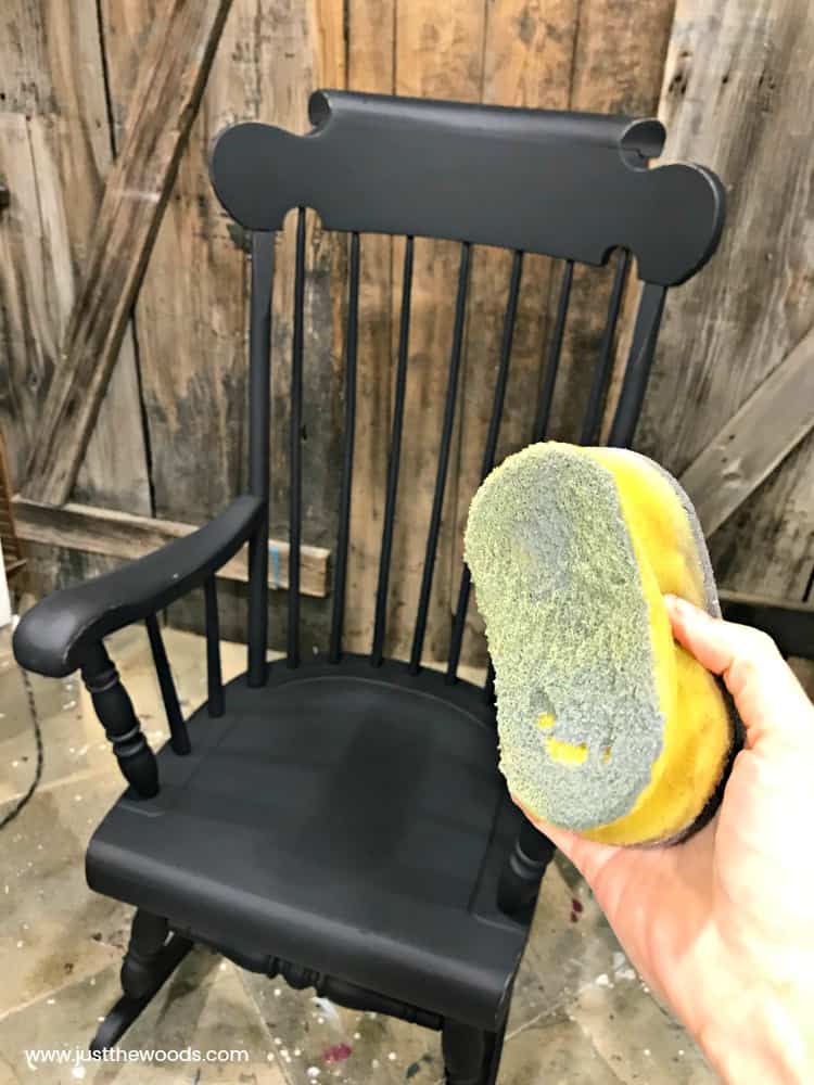 yellow sponge, apply sealer to painted furniture, painted wooden rocking chair, painted spindles, painted rocking chair ideas