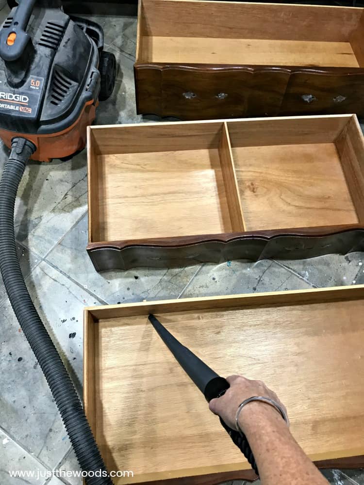 shop vac, remove dust, clean old furniture, paint furniture, painted dresser