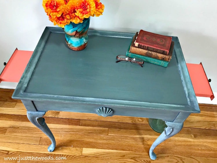 blue and coral painted furniture, coastal painted furniture, pop of color, painted table with pull out sides