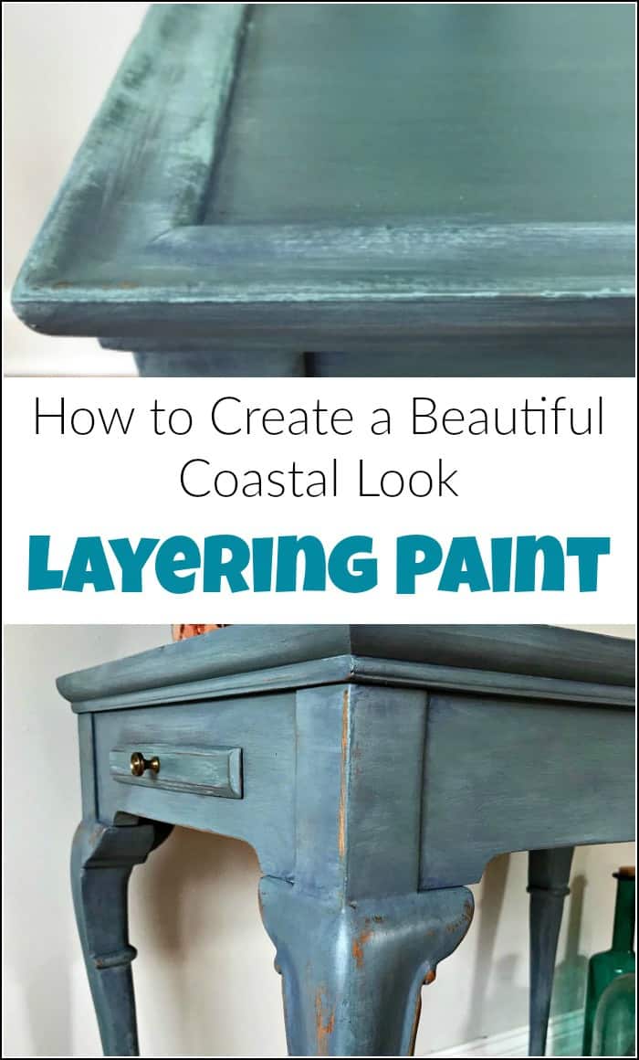 Layering paint on your painted furniture project to create a coastal look. This blue painted table is finished in painted layers with an added pop of color. See how to layer paint when painting furniture. This blended and layered painted table has a soft blue coastal vibe. #paintinglayers #howtopaintfurniture #layerpaint #blendingpaint #layeringpaint #layerpaint #paintedfurniture #bluepaintedfurniture #paintedtable #coastalfurniture