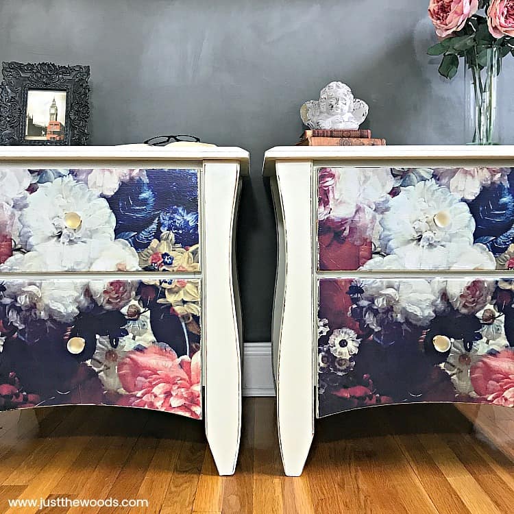 Decoupage Furniture, painted tables with decoupage drawers, flowers on painted furniture