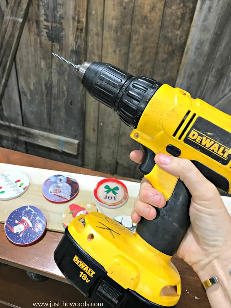 dewalt drill, electric drill, make holes in DIY Wooden Christmas Ornaments