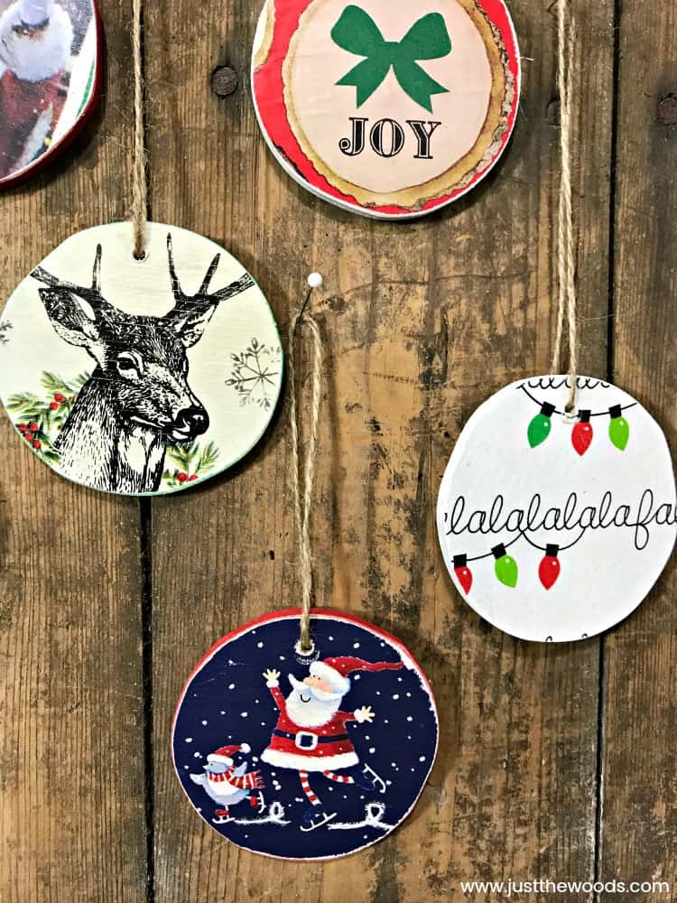 falalalala ornaments, decoupage ornaments, diy ornaments, JOY ornaments,