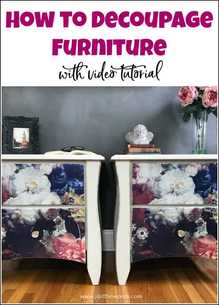 See how to add tissue to painted furniture with this decoupage furniture tutorial with video. Using mod podge glue and decoupage paper anything is possible. #decoupagefurniture #howtodecoupage #howtodecoupagefurniture #paintedfurniture #paintedfurnituredecoupage #howtopaintfurniture #modpodge