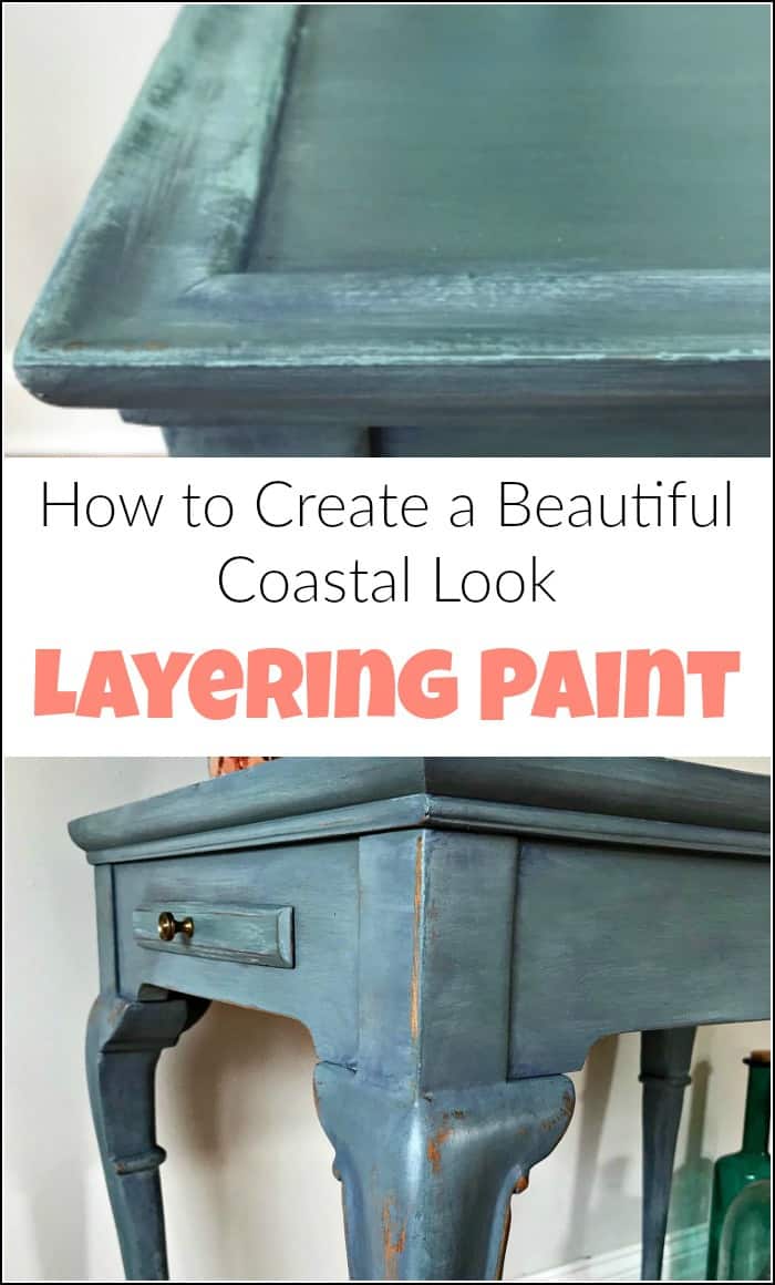 Layering paint on your painted furniture project to create a coastal look. This blue painted table is finished in painted layers with an added pop of color. See how to layer paint when painting furniture. This blended and layered painted table has a soft blue coastal vibe. #paintinglayers #howtopaintfurniture #layerpaint #blendingpaint #layeringpaint #layerpaint #paintedfurniture #bluepaintedfurniture #paintedtable