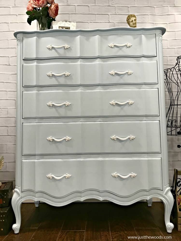 painted dresser, french provincial dresser, blue painted furniture, how to paint furniture, painted tall dresser