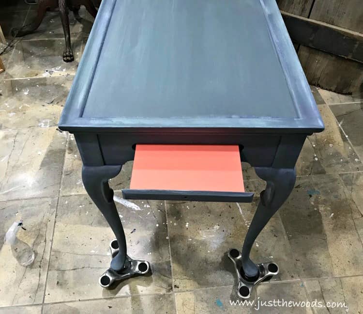 coastal painted furniture, pop of color, blue and coral painted table, painted pull out sides