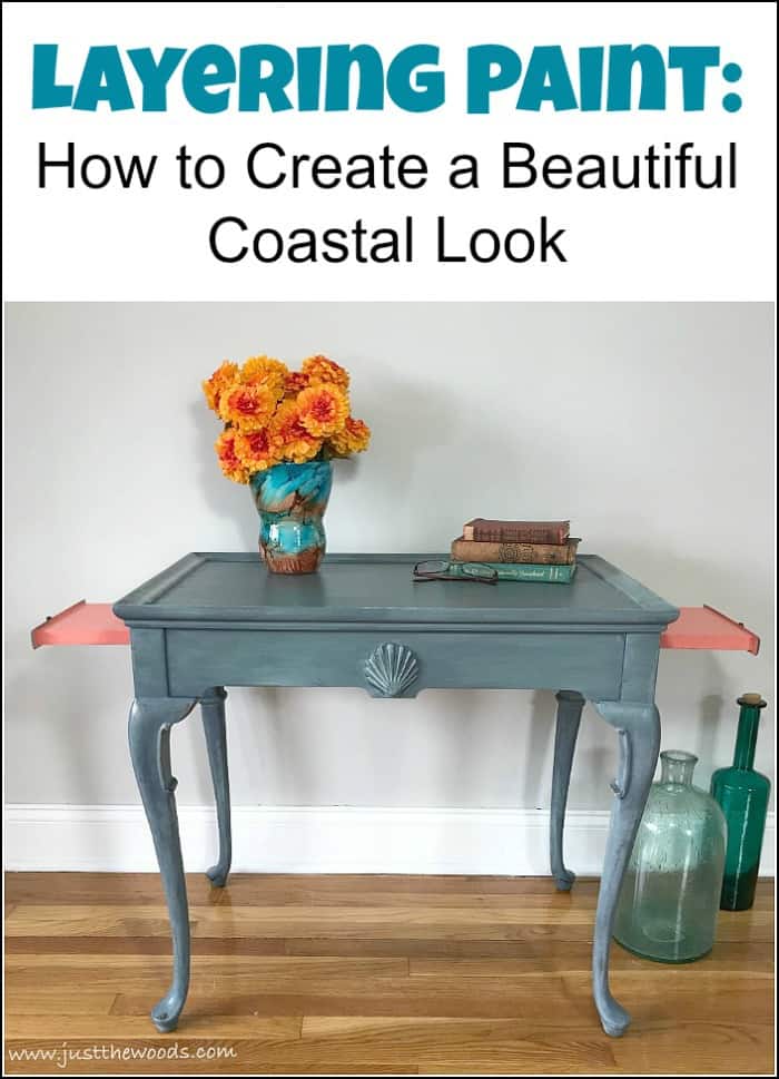 Layering paint on your painted furniture project to create a coastal look. This blue painted table is finished in painted layers with an added pop of color. See how to layer paint when painting furniture. This blended and layered painted table has a soft blue coastal vibe. #paintinglayers #howtopaintfurniture #layerpaint #blendingpaint #layeringpaint #layerpaint #paintedfurniture #bluepaintedfurniture #paintedtable #coastalfurniture