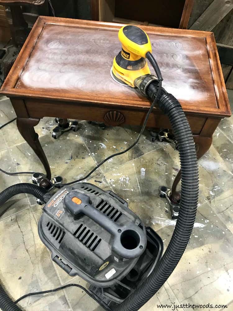 sanding inside, sand wood table, orbital sander, table makeover, dewalt sander, sand indoors