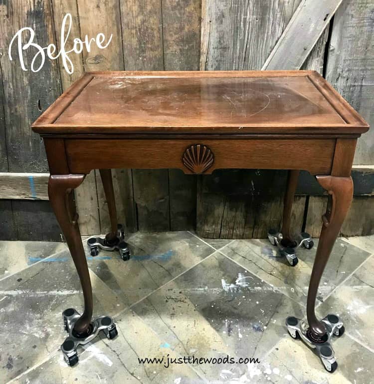 vintage tea table, unfinished tea table, table with side drawers, wood table with seashell