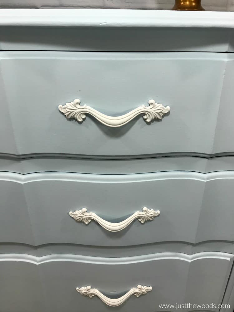 white chalk paint, white furniture paint, white hardware on blue painted dresser