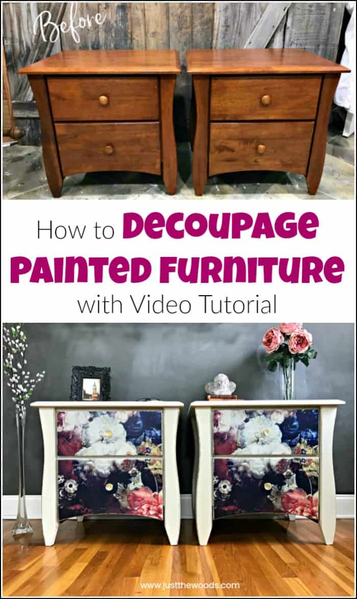 See how to add tissue to painted furniture with this decoupage furniture tutorial with video. Using mod podge glue and decoupage paper anything is possible. #decoupagefurniture #howtodecoupage #howtodecoupagefurniture #paintedfurniture #paintedfurnituredecoupage #howtopaintfurniture #modpodge