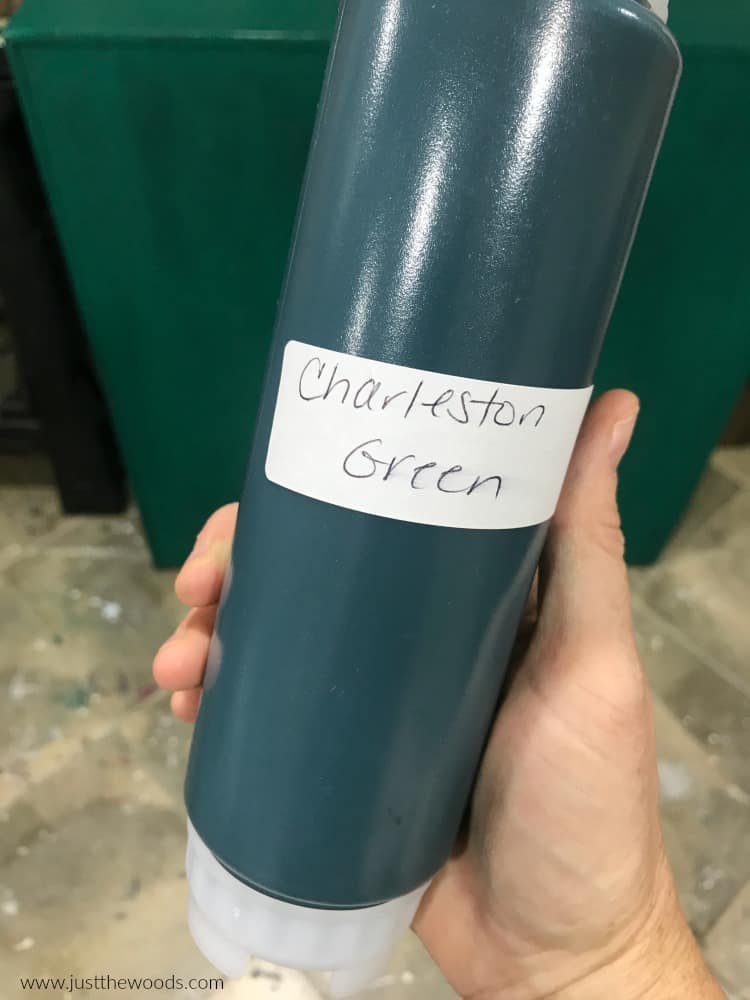 charleston green paint, green paint in plastic bottle, storing chalk paint