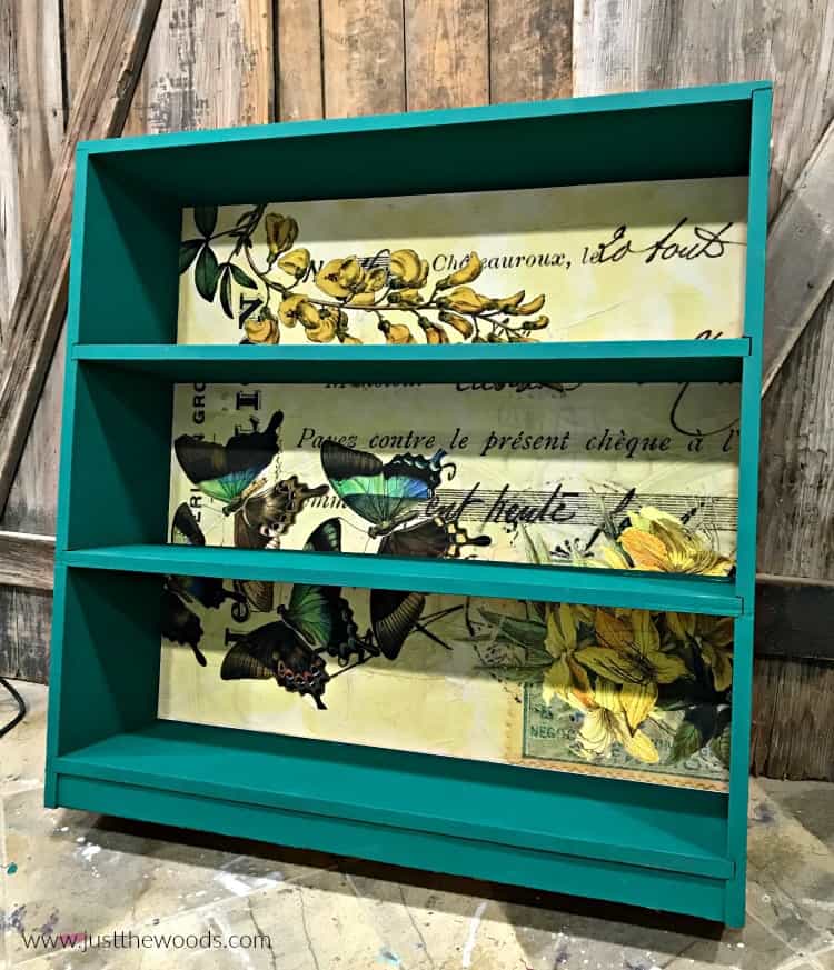 The Best Decoupage Paper & How to Apply it to Painted Furniture painted bookcase with decoupage back, painted furniture with paper back, decorative paper on painted furniture