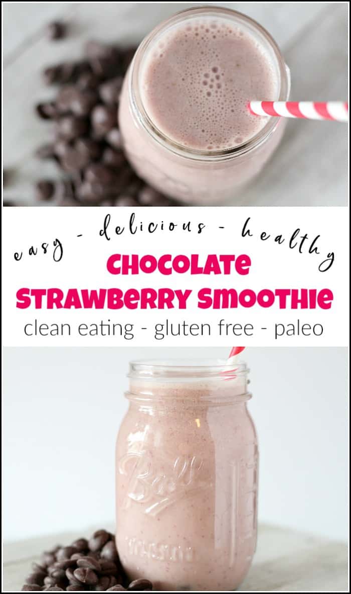 Get your healthy fix and satisfy your sweet tooth with a chocolate strawberry smoothie. This smoothie recipe is gluten-free and fits in with clean eating. #chocolatestrawberrysmoothie #healthysmoothies #chocoaltesmoothies #strawberrysmoothies #cleaneatingsmoothies #smoothierecipes