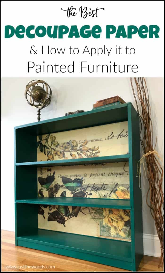 Decoupage paper is a gorgeous and affordable way to add that extra va-va-voom to your painted furniture projects. Learn how to decoupage furniture with decoupage glue and unique decoupage paper. #howtodecoupage #decoupagepaper #paintedfurniture #greenpaintedfurniture #paintedbookcase #decoupage #decoupagefurniture #decoupageideas