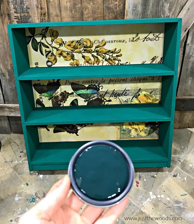 green chalk paint, how to add paper to chalk painted furniture, decoupage on wood, how to decoupage painted furniture