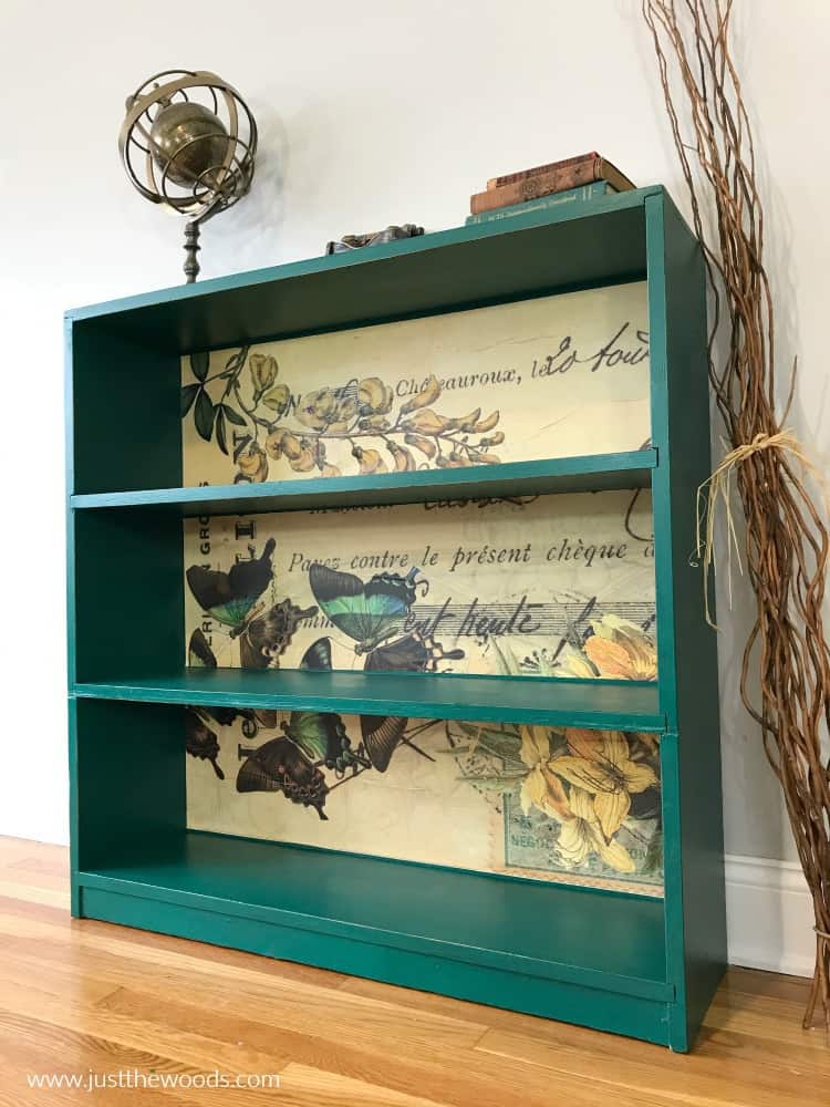 vintage print butterfly decoupage paper, how to decoupage painted furniture, painted bookcase