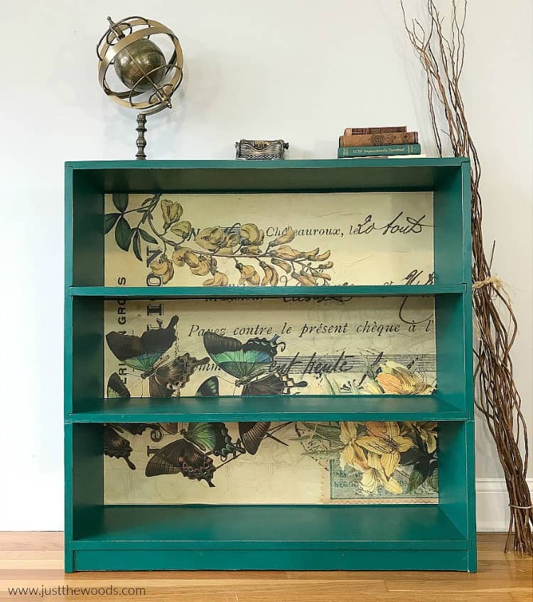 painted bookcase, green painted bookcase, decoupage paper on painted furniture