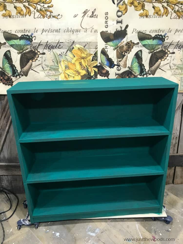 green painted furniture, green painted bookcase, painted bookcase