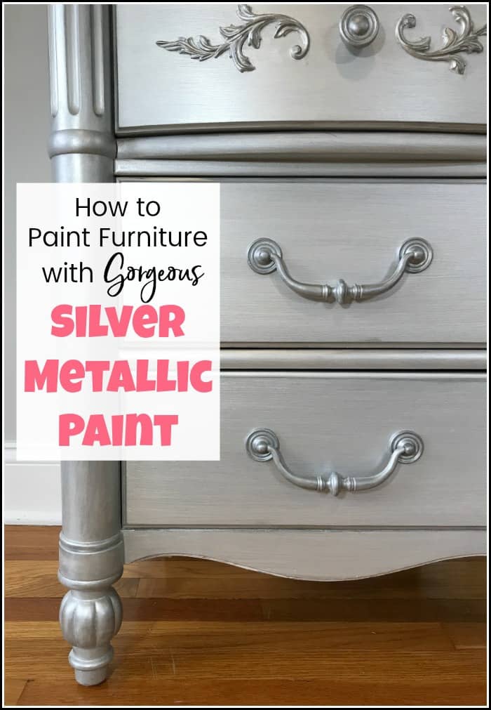 Silver metallic paint and glam seem to go hand in hand. Give your painted furniture a metallic painted makeover by adding metallic silver furniture paint. See a table transformed using metallic paint for furniture. #paintedfurniture #metallicpaint #silverpaint #metallicfurniturepaint #silvermetallicpaint 