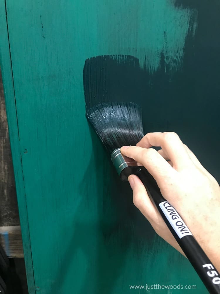 dark green chalk paint, painting green over green, dark green over light green paint, cling on paintbrush