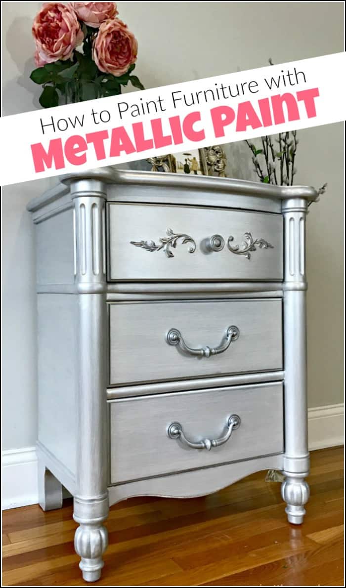 Silver metallic paint and glam seem to go hand in hand. Give your painted furniture a metallic painted makeover by adding metallic silver furniture paint. See a table transformed using metallic paint for furniture. #paintedfurniture #metallicpaint #silverpaint #metallicfurniturepaint #silvermetallicpaint 