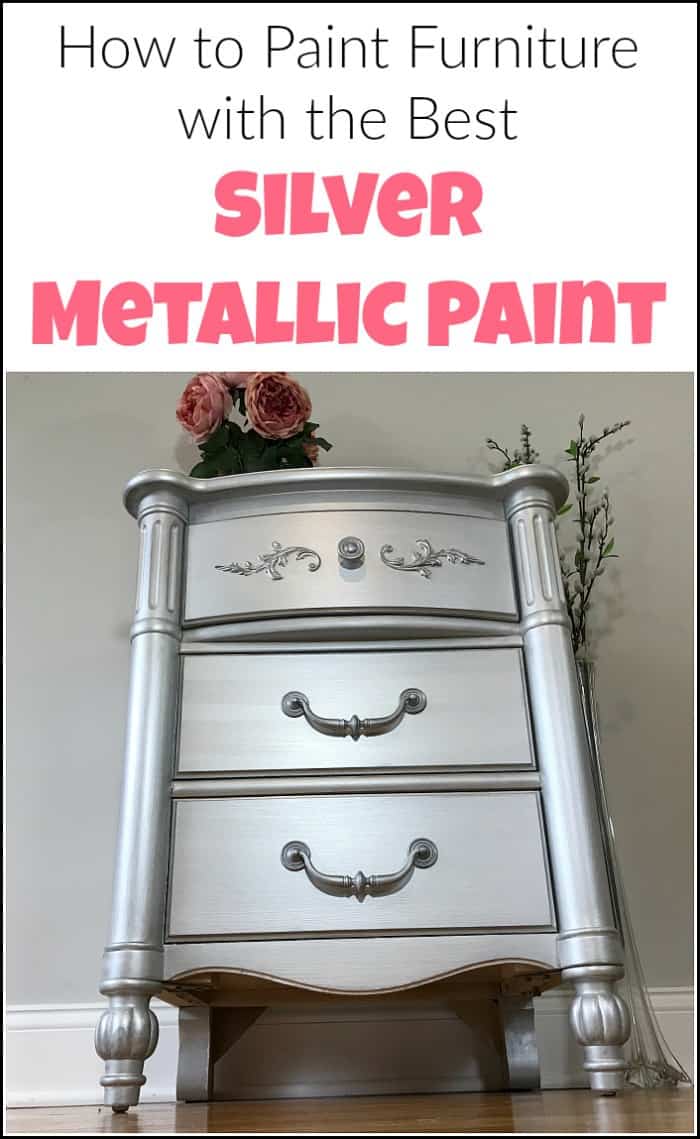 Silver metallic paint and glam seem to go hand in hand. Give your painted furniture a metallic painted makeover by adding metallic silver furniture paint. See a table transformed using metallic paint for furniture. #paintedfurniture #metallicpaint #silverpaint #metallicfurniturepaint #silvermetallicpaint 