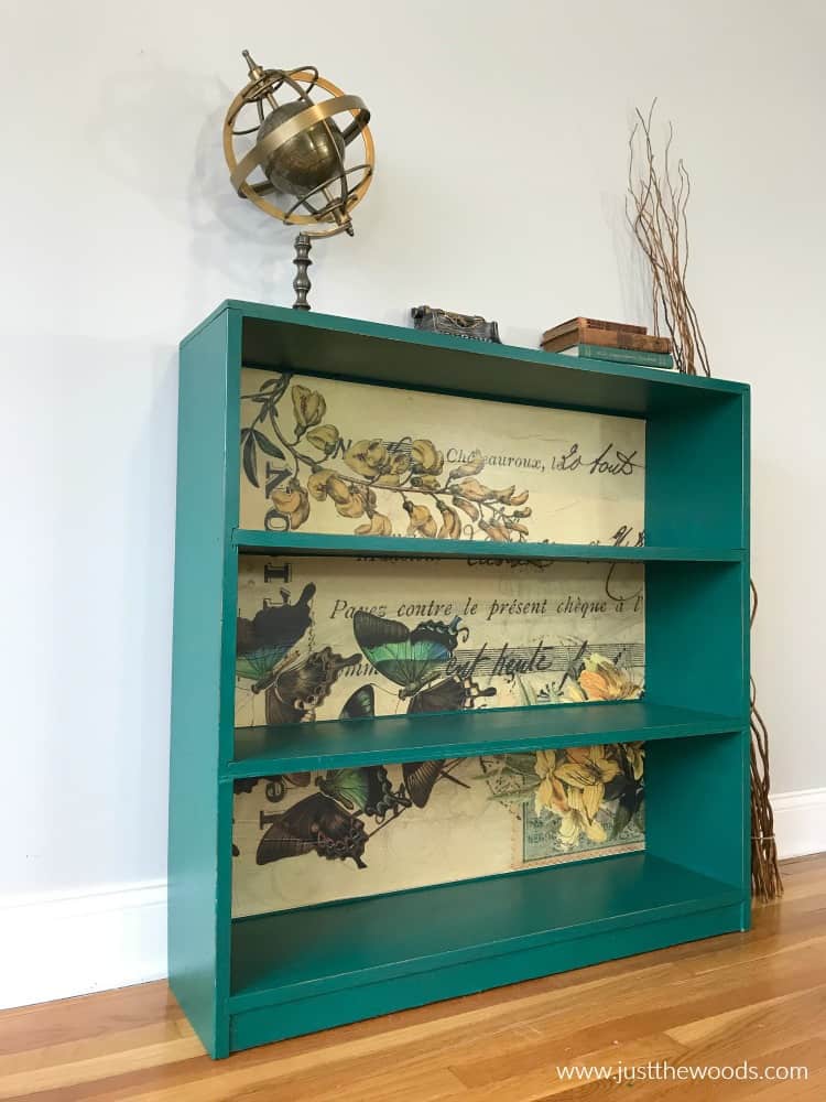 decoupage paper, how to decoupage painted furniture, butterfly paper on painted bookcase