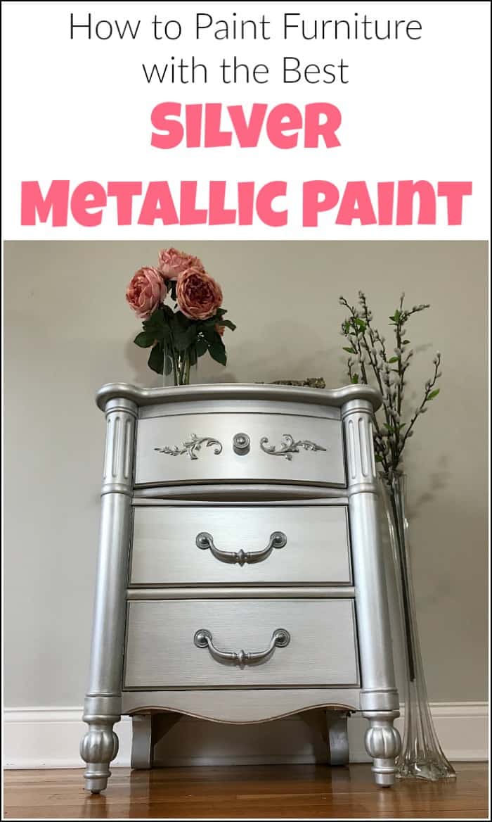 Silver metallic paint and glam seem to go hand in hand. Give your painted furniture a metallic painted makeover by adding metallic silver furniture paint. See a table transformed using metallic paint for furniture. #paintedfurniture #metallicpaint #silverpaint #metallicfurniturepaint #silvermetallicpaint 