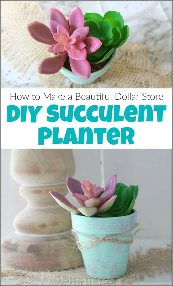 Make a beautiful DIY succulent planter the easy way. This Dollar Store craft will show you how to make DIY succulent planters with faux succulents. #diysucculentplanter #succulentplanterideas #dollarstorecraft #dollarstoreprojects #fauxsucculents #diysucculents