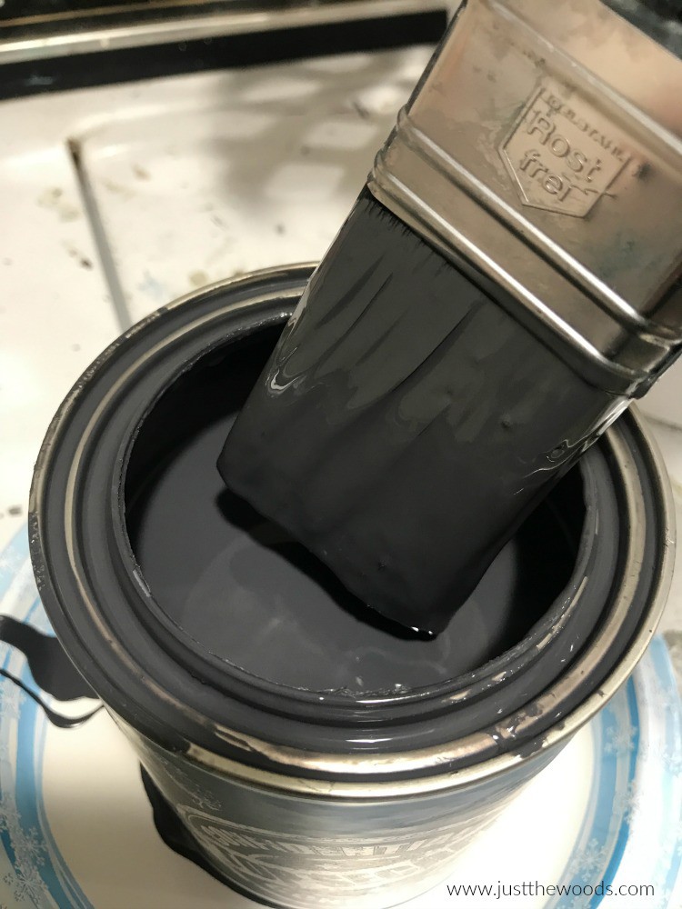 repainting furniture, paint over painted furniture, gray furniture paint, paint brush in paint