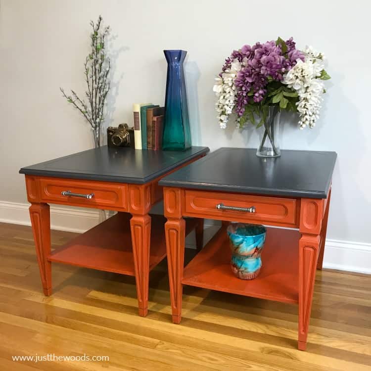 painted end tables, orange painted furniture, orange painted tables, furniture paint, repaint painted furniture