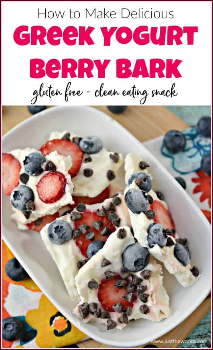Yogurt bark is a quick and healthy treat that you will love. Made with sweet berries and greek yogurt you can't go wrong with this clean eating snack. Greek yogurt dessert recipe for frozen yogurt bark with fruit and chocolate will have you begging for more. #cleaneatingsnacks #yogurtbark #greekyogurtrecipes #frozenyogurtbark