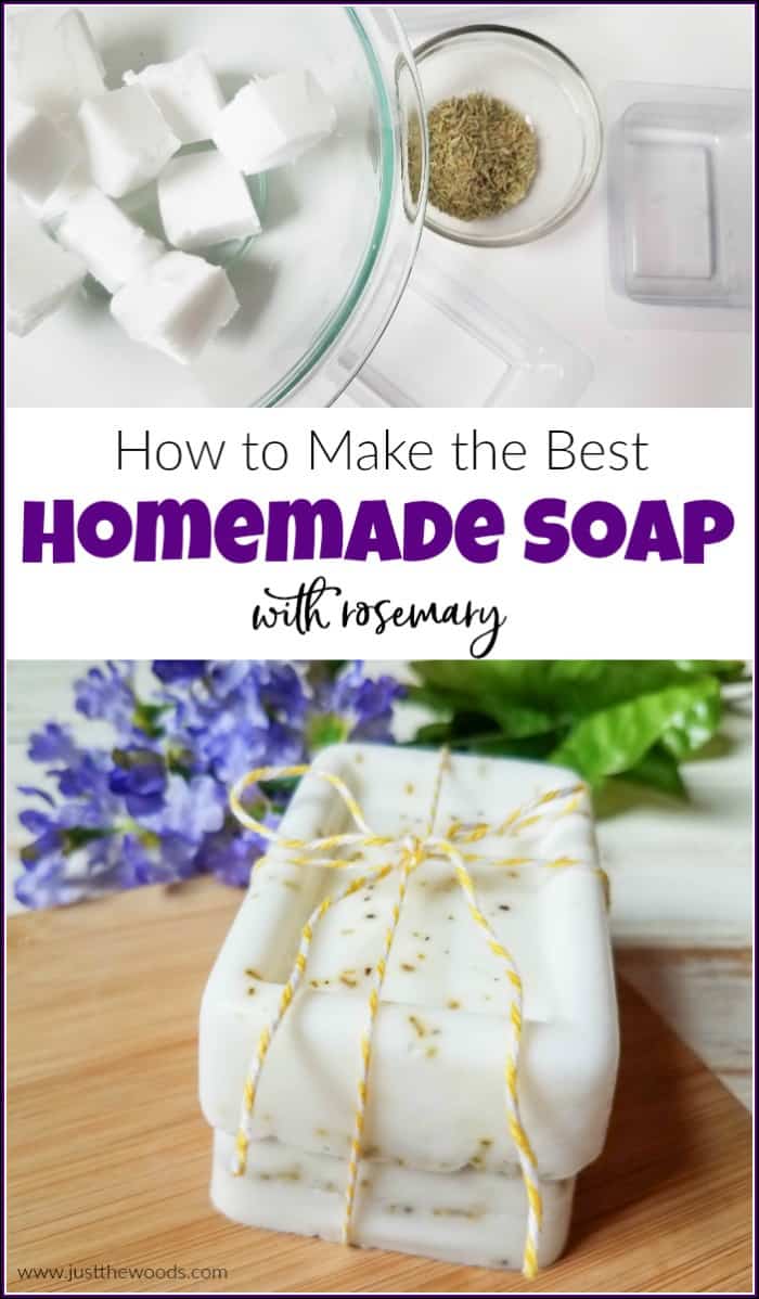 Homemade soap is fun and easy. Soap making isn't complicated since you can easily make your own soap without lye. Homemade bar soap makes great gifts too. Make your own DIY soap with rosemary. #howtomakesoap #makeyourownsoap #soapmaking #howtomakesoapwithoutlye | how to make soap without lye | make soap at home | make natural soap 