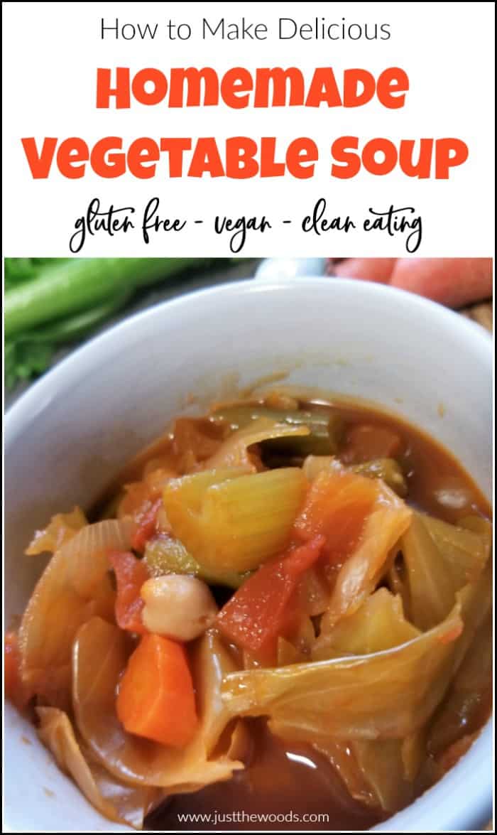 Homemade vegetable soup with cabbage. You will love this healthy vegetable soup recipe. It is gluten free, vegan and a clean eating soup recipe too. #homemadevegetablesoup #easyvegetablesoup #healthyvegetablesoup #vegetablesouprecipes | tomato and vegetable soup | vegetable soup with cabbage | 