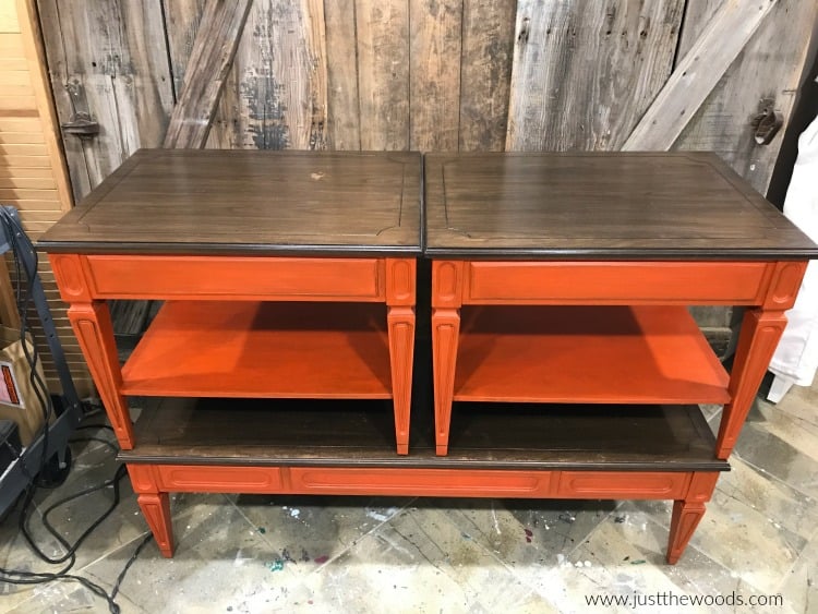 orange painted tables, brown stain on painted tables, painted end tables, repainting furniture