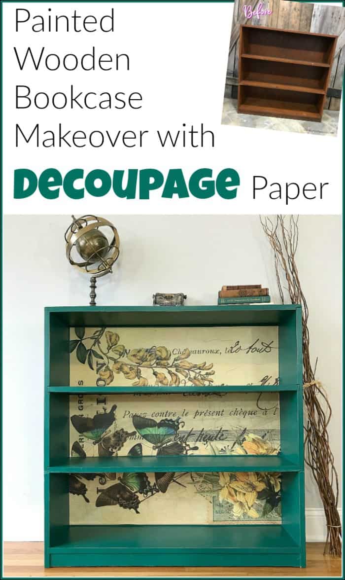 Decoupage paper is a gorgeous and affordable way to add that extra va-va-voom to your painted furniture projects. Learn how to decoupage furniture with decoupage glue and unique decoupage paper. #howtodecoupage #decoupagepaper #paintedfurniture #greenpaintedfurniture #paintedbookcase #decoupage #decoupagefurniture #decoupageideas