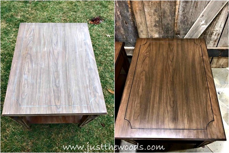 stain over laminate, faux wood grain, vintage tables, brown table tops