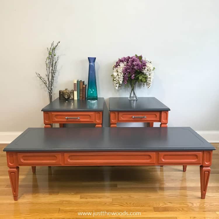 orange painted tables, painted living room tables, orange and gray furniture, painted end tables, repainting furniture