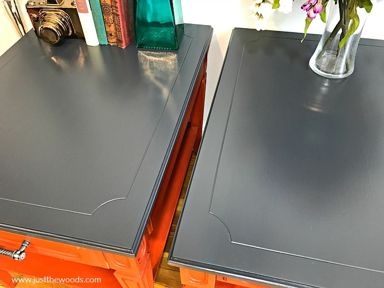 painted end tables, gray furniture paint, repaint painted furniture, repainting furniture, how to paint over stain, painting over stain