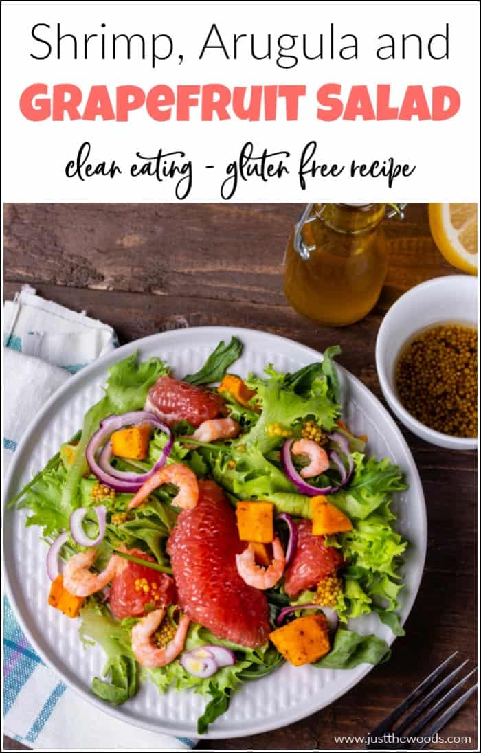 This healthy grapefruit salad recipe combines the perfect variety of healthy ingredients. Greens, arugula, shrimp, cucumber and butternut squash. #healthysaladrecipes #grapefruitsalad #colorfulsalad #saladrecipes #shrimpsalad #arugulasalad