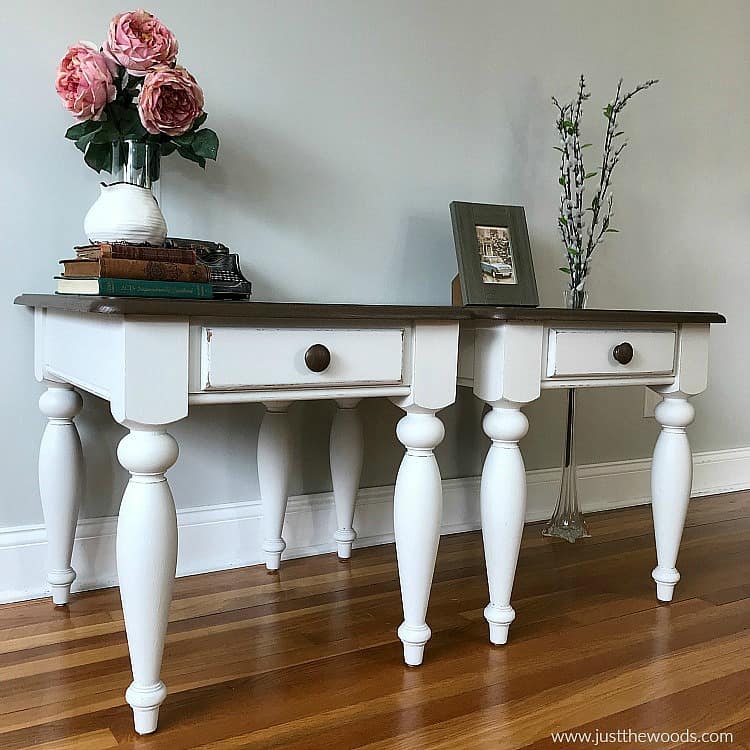 distressed white furniture with wood stain, stained tables with painted legs