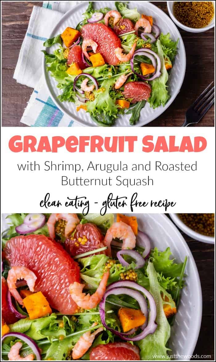 This healthy grapefruit salad recipe combines the perfect variety of healthy ingredients. Greens, arugula, shrimp, cucumber and butternut squash. #healthysaladrecipes #grapefruitsalad #colorfulsalad #saladrecipes #shrimpsalad #arugulasalad