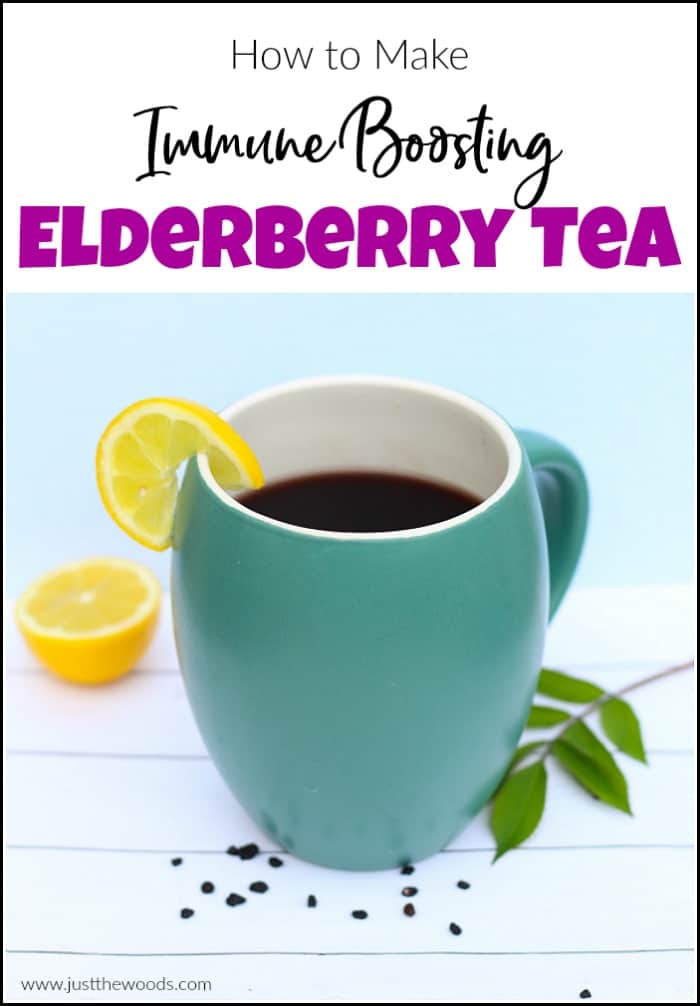 Elderberry tea, just like elderberry syrup is a great immune booster to get you through cold and flu season. See how to make elderberry tea at home with dried elderberries and honey. #elderberrytea #howtomakeelderberrytea #immuneboostingtea #immunitytea