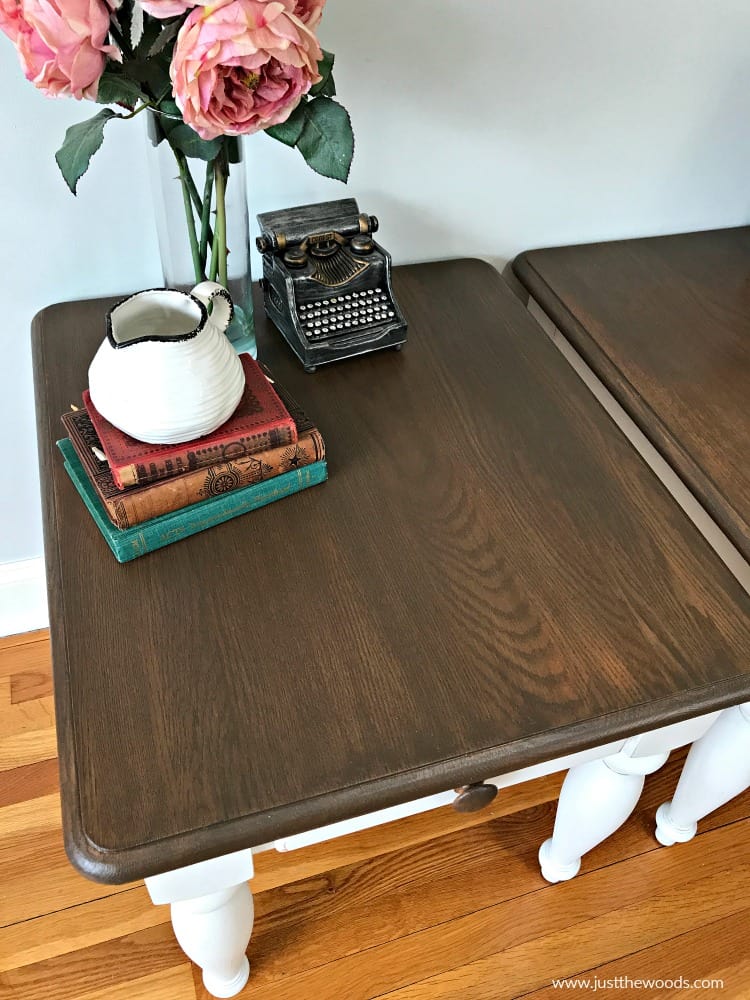 refinish tables, wood stain on furniture, white chalk paint with stain tables