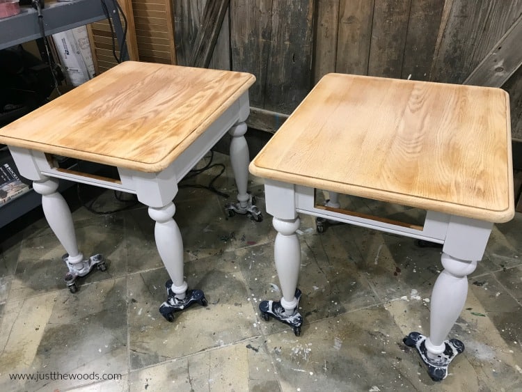 tables painted white with wood tops, white chalk paint with wood stain tops