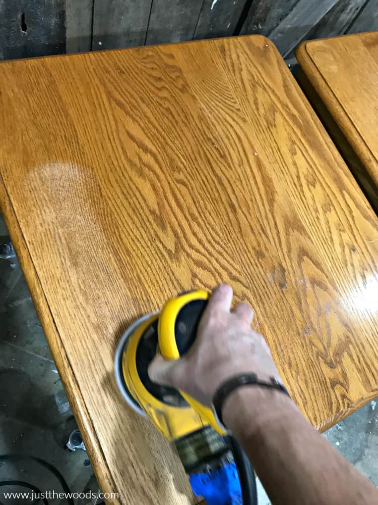 sanding stained wood, removing old finish from wood furniture, sand wood with electric sander